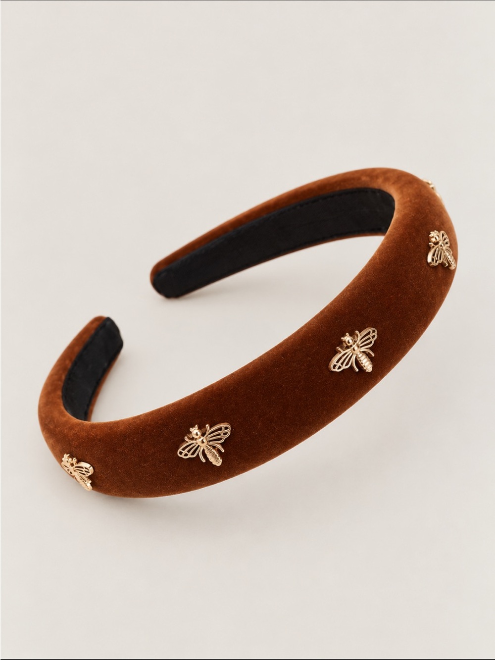 New! Cognac Brown Velvet Gold Bee Headband NWOT